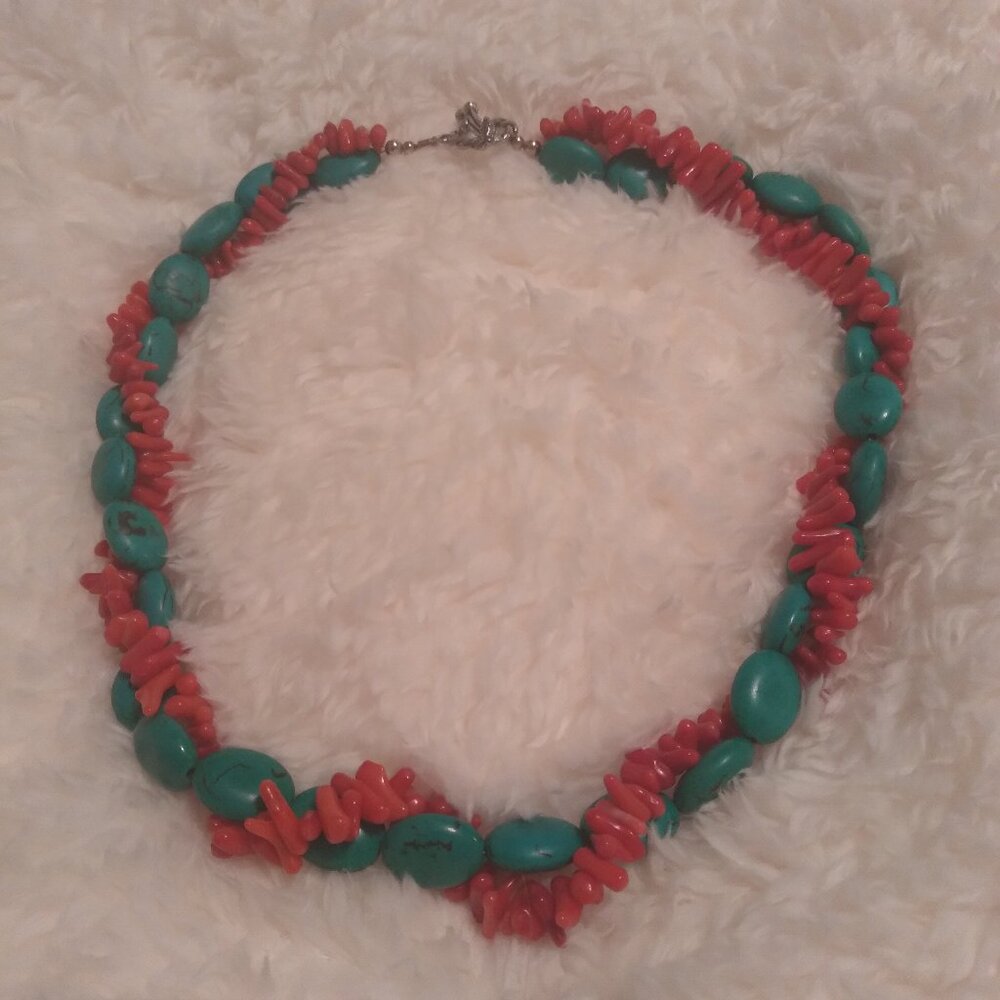 Red Coral and Teal Howlite necklace